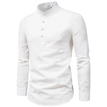 Men's Casual Long Sleeve Linen Blend Henley Shirt with Roll-Up Sleeves and Stand Collar, Ideal for Lightweight Summer Wear