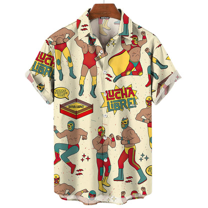 Short-Sleeve Hawaiian Shirt with Lucha Libre Wrestler Print and Button-Up Design