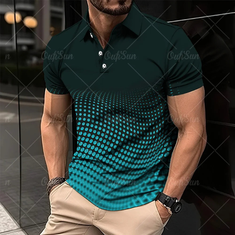 Men's Geometric Print Polo Shirt with Button Placket and Modern Design for Casual Wear