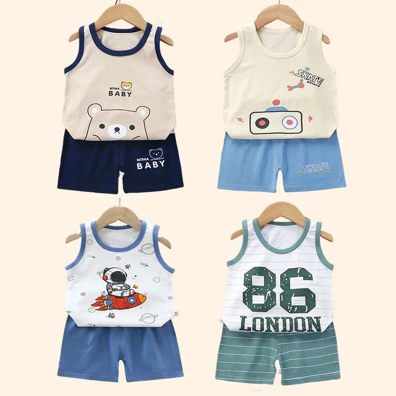 Cute Toddler Summer Tank Top and Shorts Sets with Fun Cartoon Animal and Sports Designs