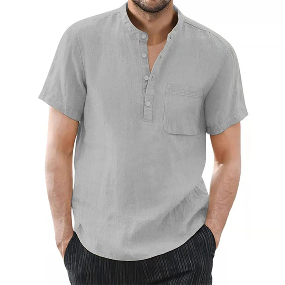 Men's Casual Short Sleeve Henley Shirt with Stand Collar and Chest Pocket