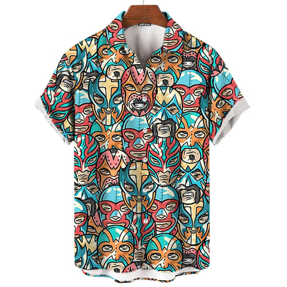 Short-Sleeve Hawaiian Shirt with Lucha Libre Wrestler Print and Button-Up Design