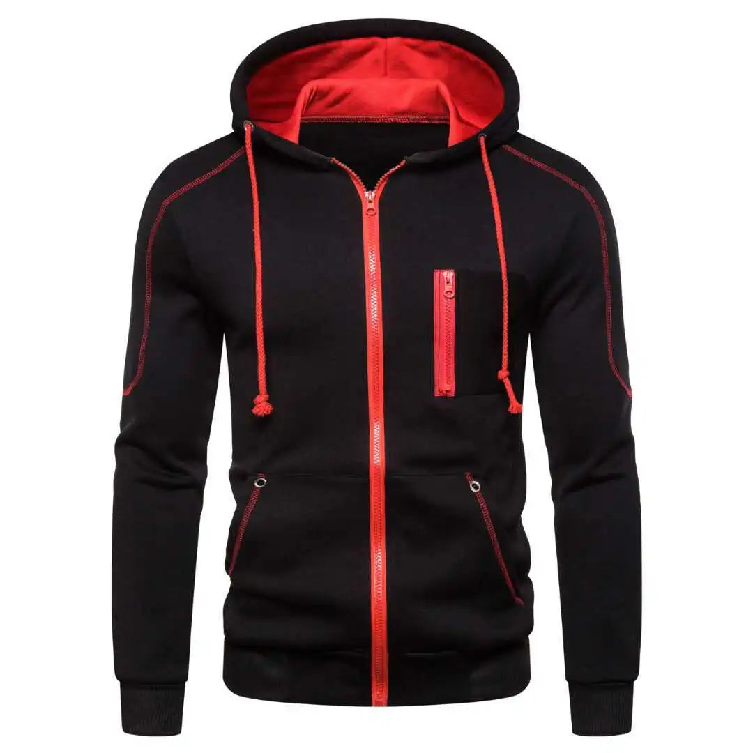 Men's Full-Zip Athletic Hoodie with Contrast Stitching and Multiple Color Options, Featuring Adjustable Drawstring Hood and Zippered Pockets for Sports and Casual Wear