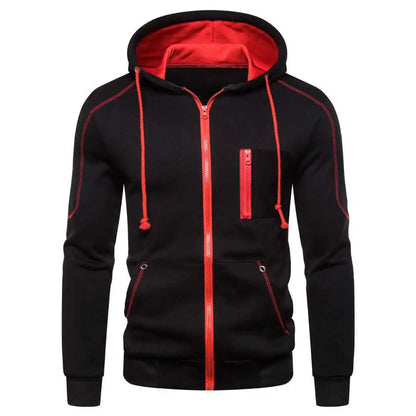 Men's Full-Zip Athletic Hoodie with Contrast Stitching and Multiple Color Options, Featuring Adjustable Drawstring Hood and Zippered Pockets for Sports and Casual Wear