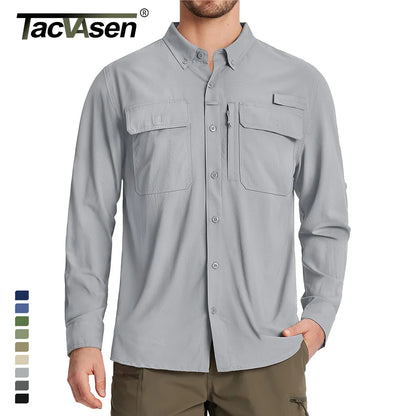 Men's tactical long sleeve shirt with multiple pockets, roll-up sleeves, and button-down design for outdoor and adventure wear