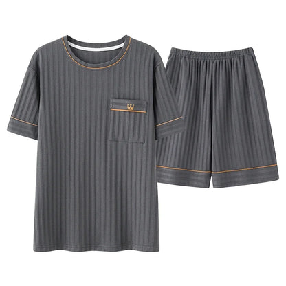 Men's Striped Short and Long Sleeve Pajama Set with Chest Pocket and Contrast Piping for Versatile Sleepwear Options