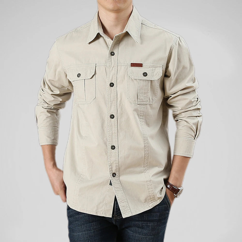 Men's Long-Sleeve Button-Up Shirt with Dual Chest Pockets and Classic Casual Design for Everyday Wear