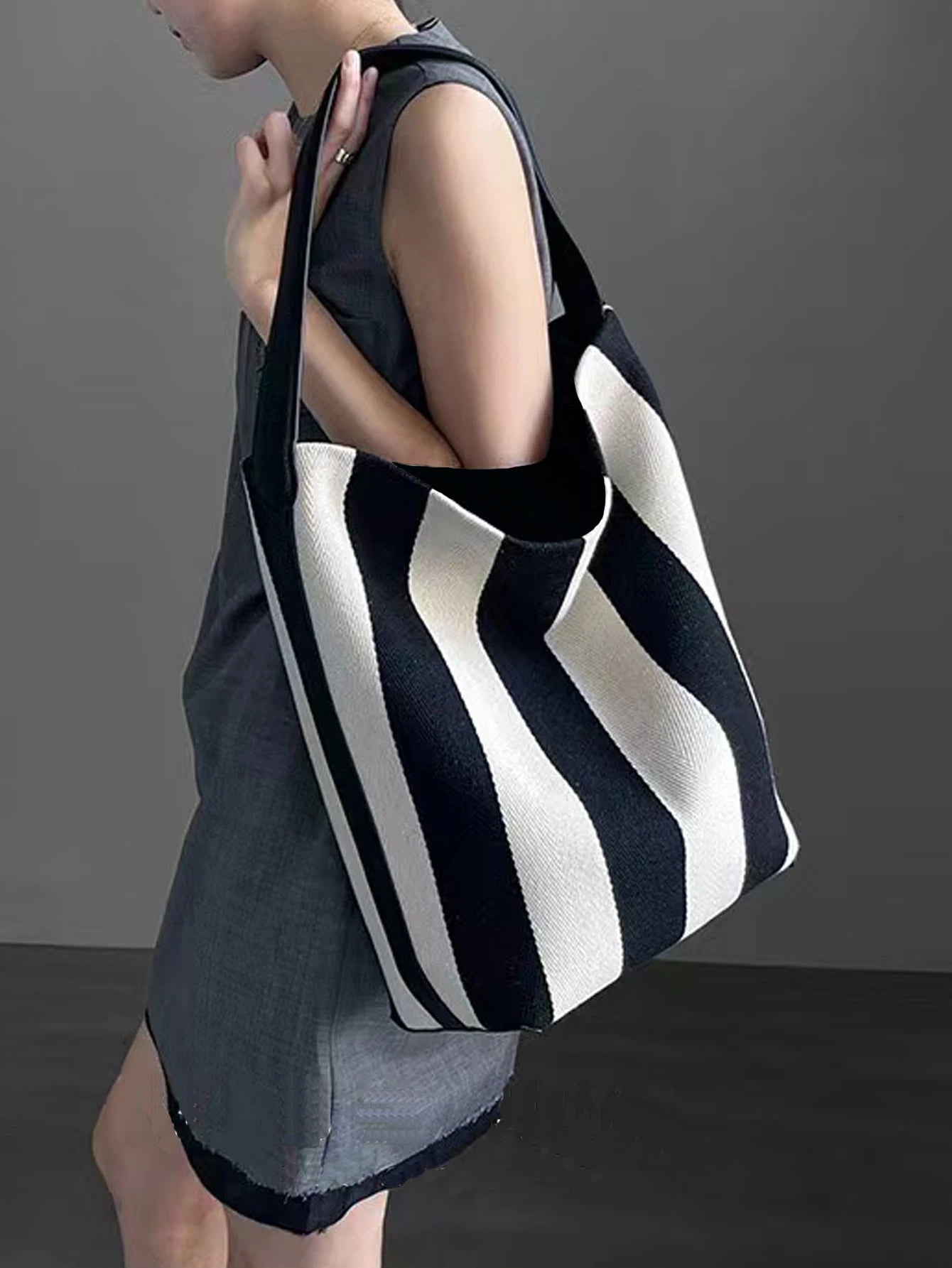 Stylish Striped Canvas Tote Bag for Women with Leather Handles and Spacious Interior