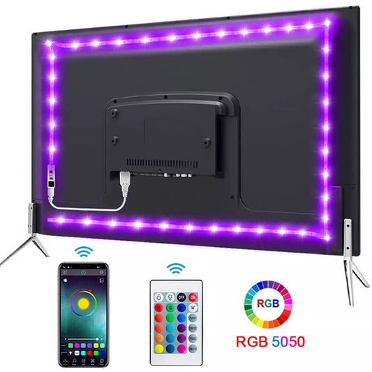 RGB LED Strip Lights for TV Backlighting with Remote Control and Smartphone App Compatibility, Perfect for Ambient Lighting and Home Theater Enhancement