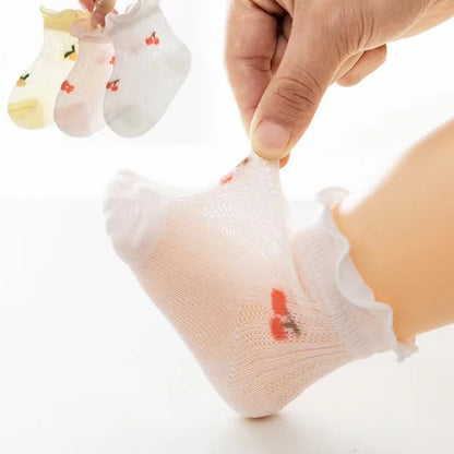 Set of Frilly Ankle Baby Socks with Delicate Embroidered Patterns