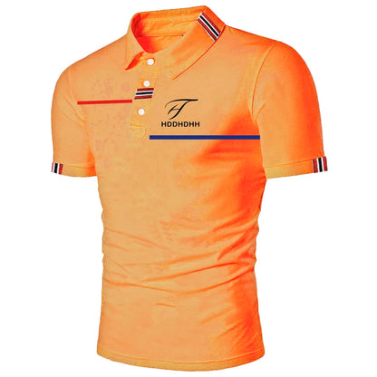 Men's Slim Fit Polo Shirt with Striped Collar and Cuffs, Button Placket, and Embroidered Logo Design