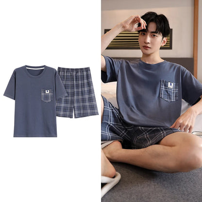 Men's Summer Plaid Pajama Set with Short Sleeve Top and Elastic Waist Shorts Featuring Chest Pocket and Comfortable Fit