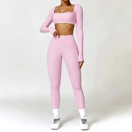 Long-Sleeve Square-Neck Yoga Set for Women with High-Waist Leggings and Thumb Hole Details