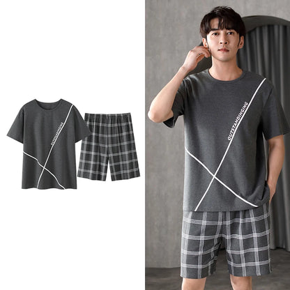 Men's Summer Plaid Pajama Set with Short Sleeve Top and Elastic Waist Shorts Featuring Chest Pocket and Comfortable Fit