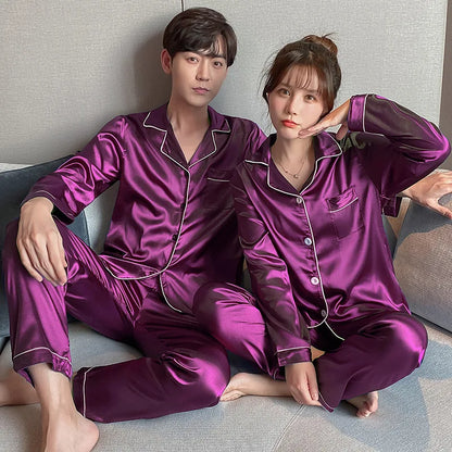 Couples Matching Satin Pajama Set with Contrast Piping and Button-Down Design for Luxurious Sleepwear