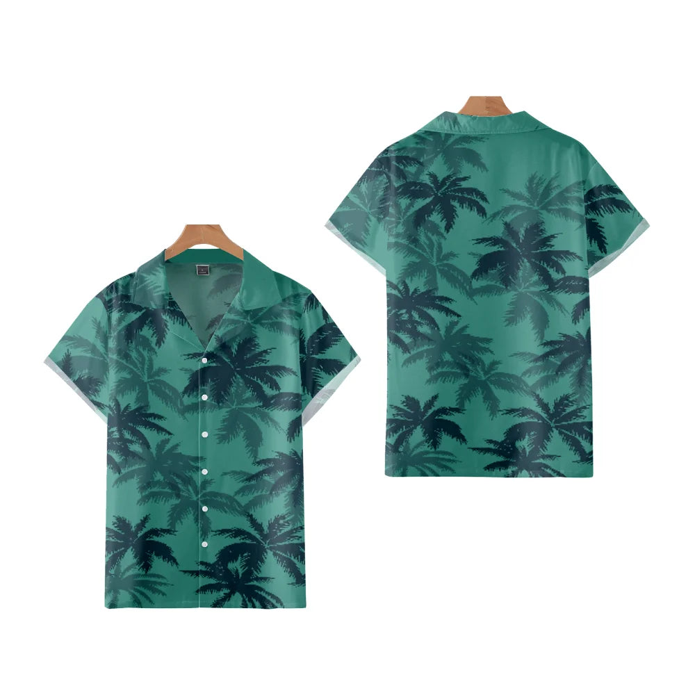 "Men's Hawaiian Palm Tree Print Button-Down Short Sleeve Shirt"