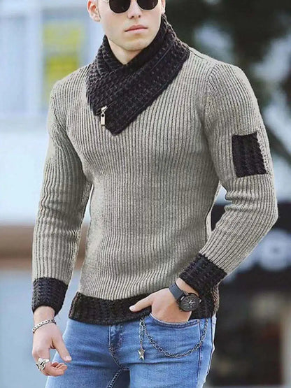 Men's Ribbed Knit Pullover with Asymmetrical Zippered Cowl Neck and Contrast Trim