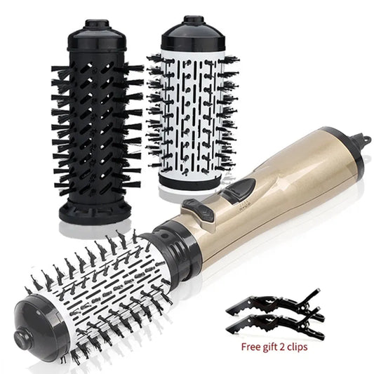 2-in-1 Rotating Hot Air Brush Set with Interchangeable Barrels for Styling, Curling, and Volumizing Hair, Includes Bonus Hair Clips for Easy Sectioning