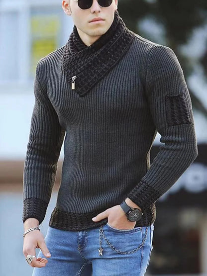 Men's Ribbed Knit Pullover with Asymmetrical Zippered Cowl Neck and Contrast Trim