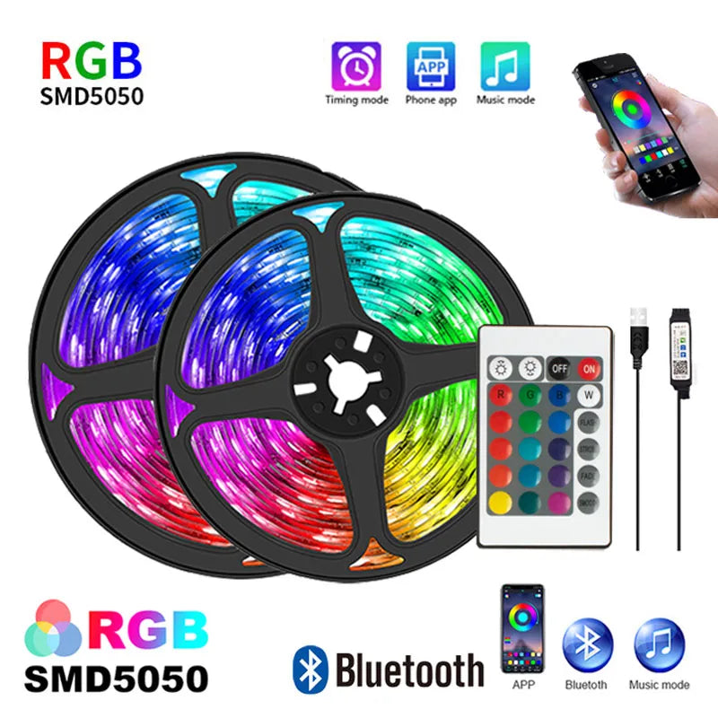 Bluetooth RGB LED Strip Lights with Remote Control and Music Sync, App-Controlled, Ideal for Home Decoration and Ambiance Lighting