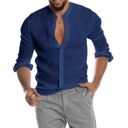 "Men's Long-Sleeve Linen Shirt with Stand Collar and Casual Button-Up Design"