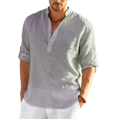 Men's Casual Long Sleeve Linen Blend Henley Shirt with Roll-Up Sleeves and Stand Collar, Available in Multiple Colors