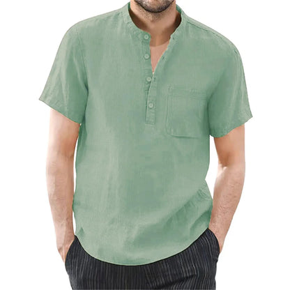 Men's Casual Short Sleeve Henley Shirt with Stand Collar and Chest Pocket