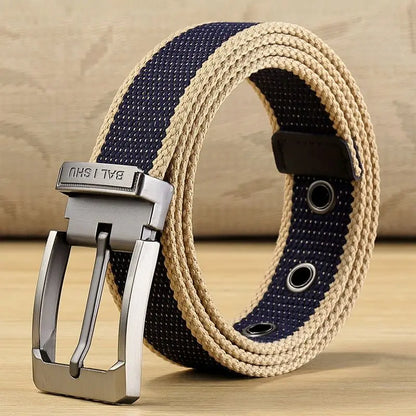 Men's Woven Canvas Belt with Durable Metal Buckle and Striped Design for Casual Wear