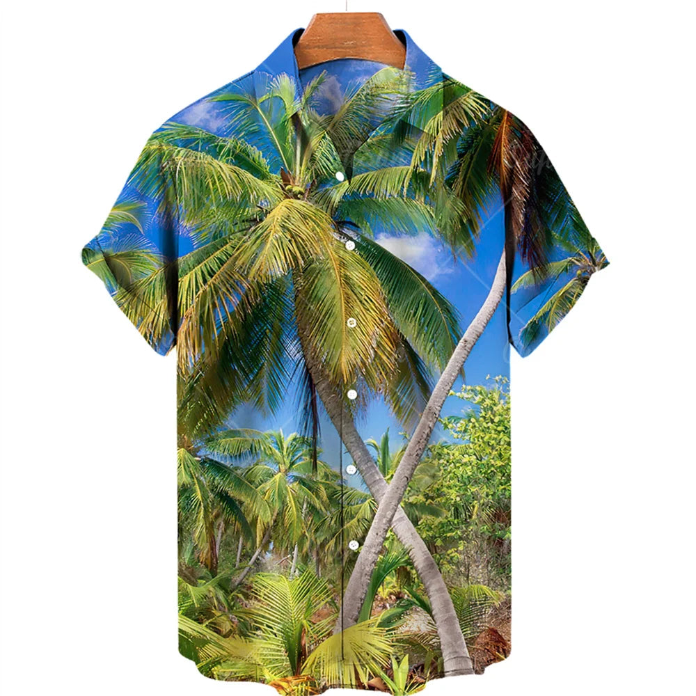 Vintage Surf and Palm Tree Print Short-Sleeve Hawaiian Shirt with Button-Up Closure and Turn-Down Collar