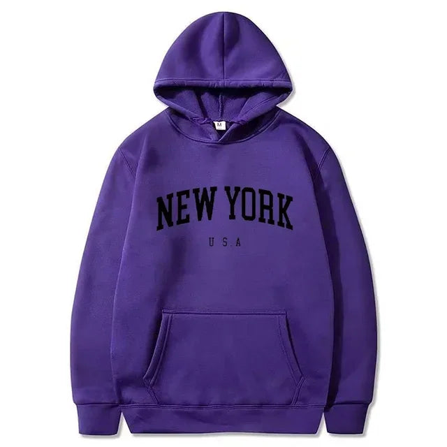 New York USA Graphic Hoodie with Kangaroo Pocket and Ribbed Cuffs for Urban Casual Style