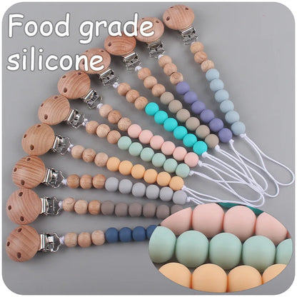 Natural Wooden Bead Baby Pacifier Clips with Soft Silicone Beads, Safe and Stylish Holder for Pacifiers and Teething Toys