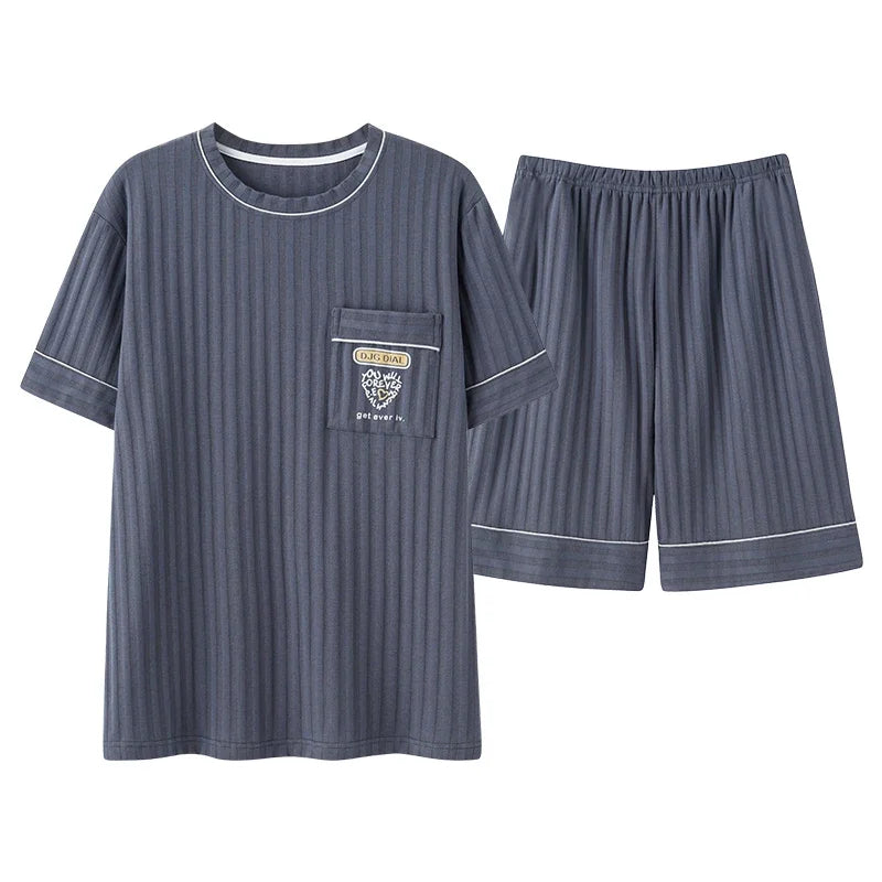 Men's Striped Short and Long Sleeve Pajama Set with Chest Pocket and Contrast Piping for Versatile Sleepwear Options