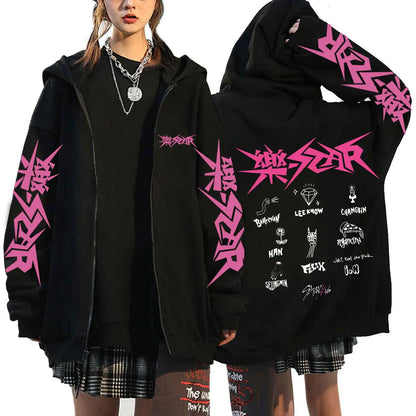 Unisex Streetwear Graphic Hoodie with Bold Arm and Back Designs, Full-Zip Closure, and Oversized Fit for a Trendy Look