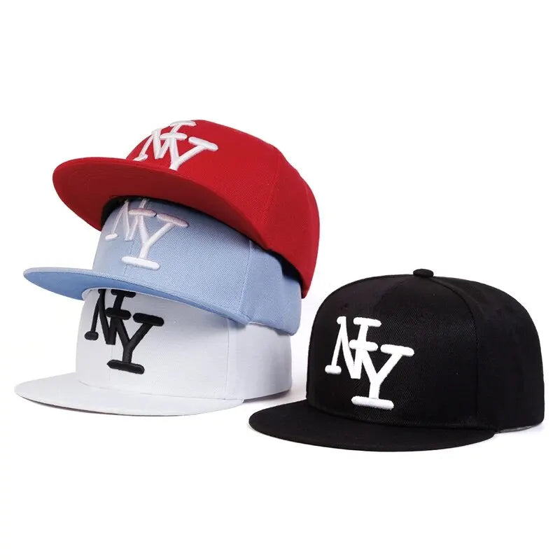 Flat-Brim Snapback Cap with Bold NY Embroidery and Adjustable Strap for Urban Streetwear Style