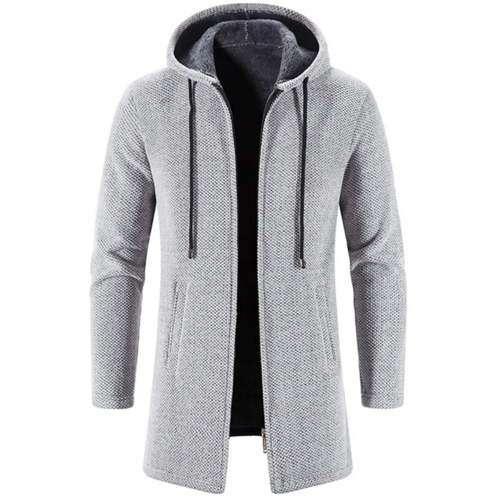 Men's Long Hooded Cardigan with Plush Lining and Full-Zip Closure for Cozy Autumn and Winter Wear