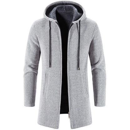 Men's Long Hooded Cardigan with Plush Lining and Full-Zip Closure for Cozy Autumn and Winter Wear