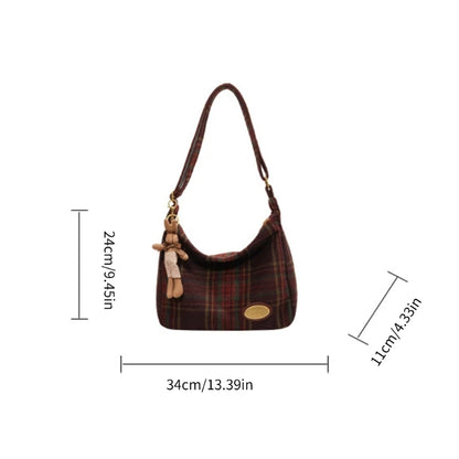 Vintage-Inspired Plaid Shoulder Bag with Plush Bear Charm and Spacious Interior