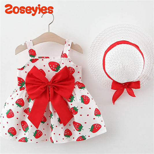 Strawberry Print Sleeveless Dress with Large Bow and Matching Sun Hat for Baby Girls - Perfect Summer Outfit for Little Ones