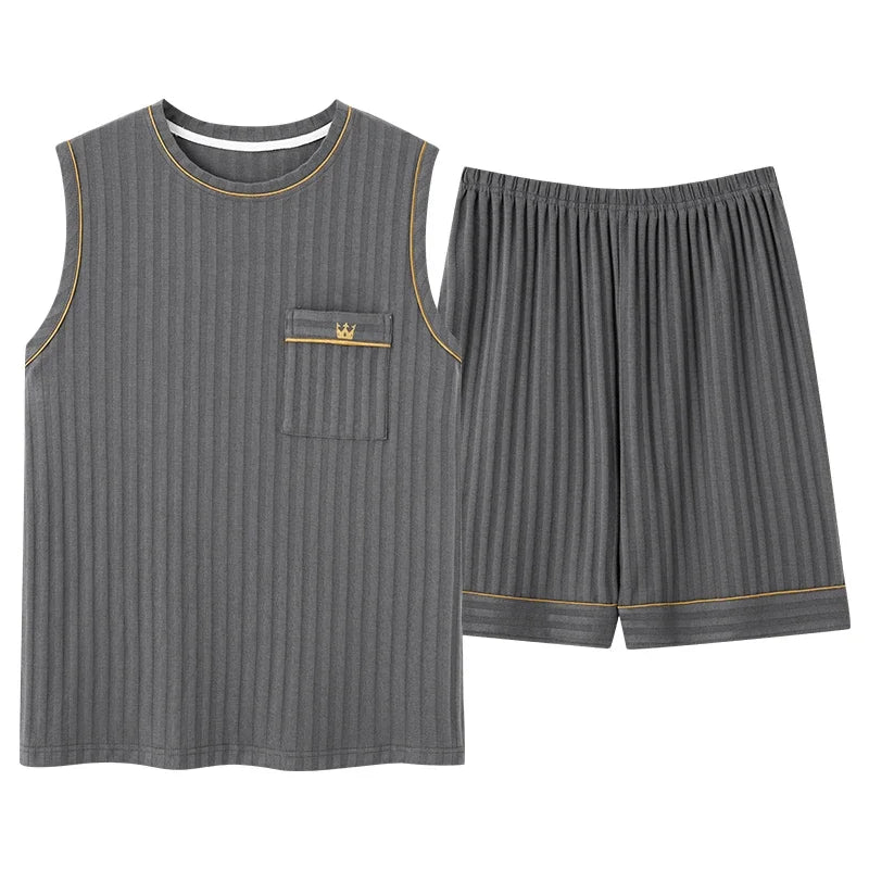 Men's Striped Short and Long Sleeve Pajama Set with Chest Pocket and Contrast Piping for Versatile Sleepwear Options