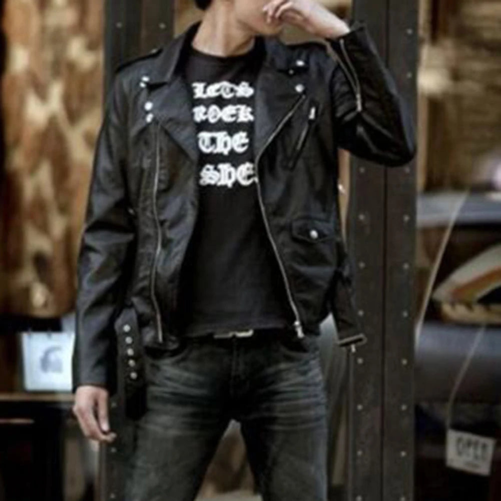 Men's Faux Leather Biker Jacket with Asymmetrical Zipper, Belted Waist, and Notched Lapel Collar