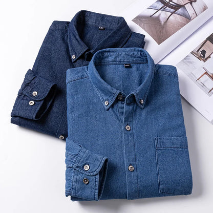 Long-Sleeve Denim Button-Up Shirt with Turn-Down Collar and Dual Chest Pockets