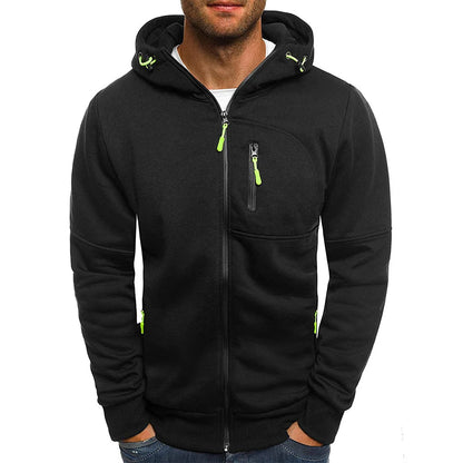 Men's Athletic Zip-Up Hoodie with Adjustable Drawstring Hood and Multiple Zippered Pockets for Outdoor Activities and Casual Wear