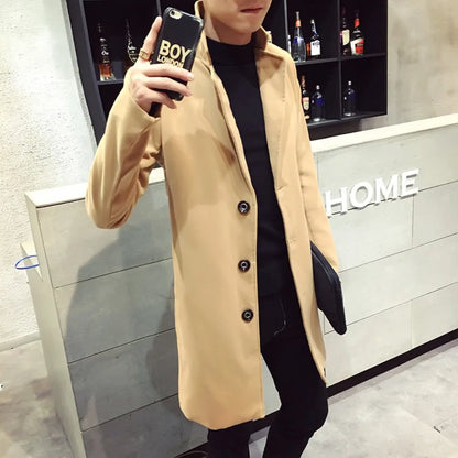 Men's Long Wool Blend Overcoat with Notched Lapel, Single-Breasted Closure, and Full-Length Sleeves for a Sophisticated and Warm Autumn and Winter Look