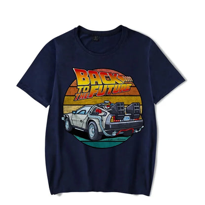 Men's Short Sleeve Retro Graphic T-Shirt Featuring Iconic Car Design and Nostalgic "Back to the Future" Theme