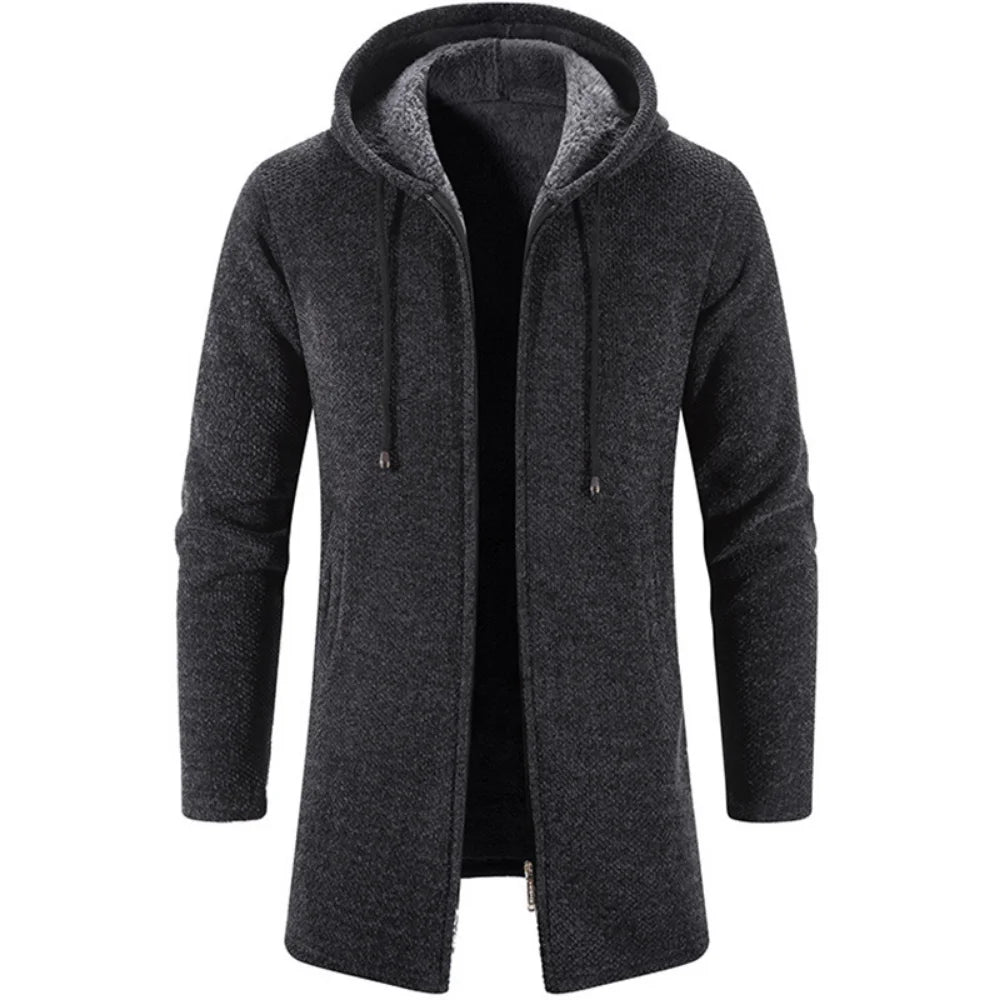 Men's Long Hooded Cardigan with Plush Lining and Full-Zip Closure for Cozy Autumn and Winter Wear