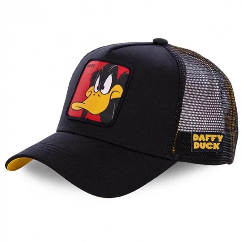 "Mesh Back Trucker Cap Featuring Iconic Cartoon Character Patches for Casual Wear"