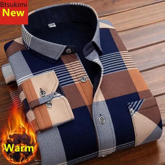 Men's long sleeve plaid flannel shirt with button-down front and thick fleece lining for added warmth in winter