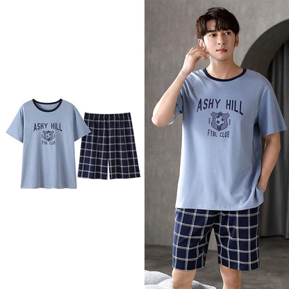 Men's Summer Plaid Pajama Set with Short Sleeve Top and Elastic Waist Shorts Featuring Chest Pocket and Comfortable Fit