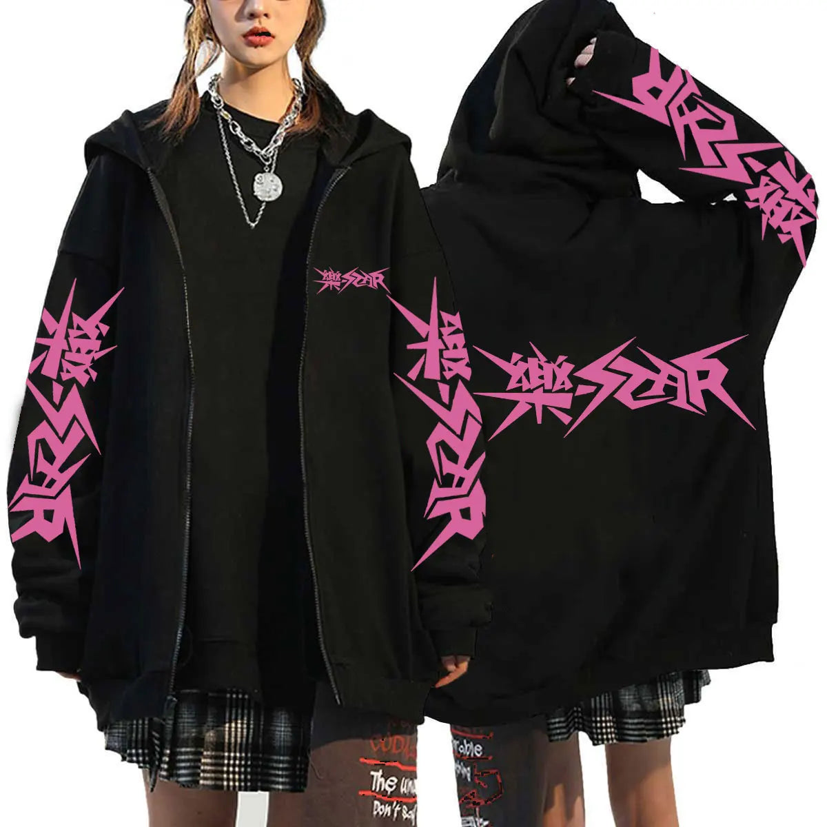 Unisex Streetwear Graphic Hoodie with Bold Arm and Back Designs, Full-Zip Closure, and Oversized Fit for a Trendy Look