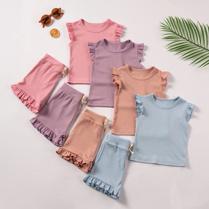 Girls' Ruffle Sleeve Top and Matching Skirt Set – Soft Ribbed Cotton Fabric with Adorable Bow Details – Perfect for Casual and Summer Wear